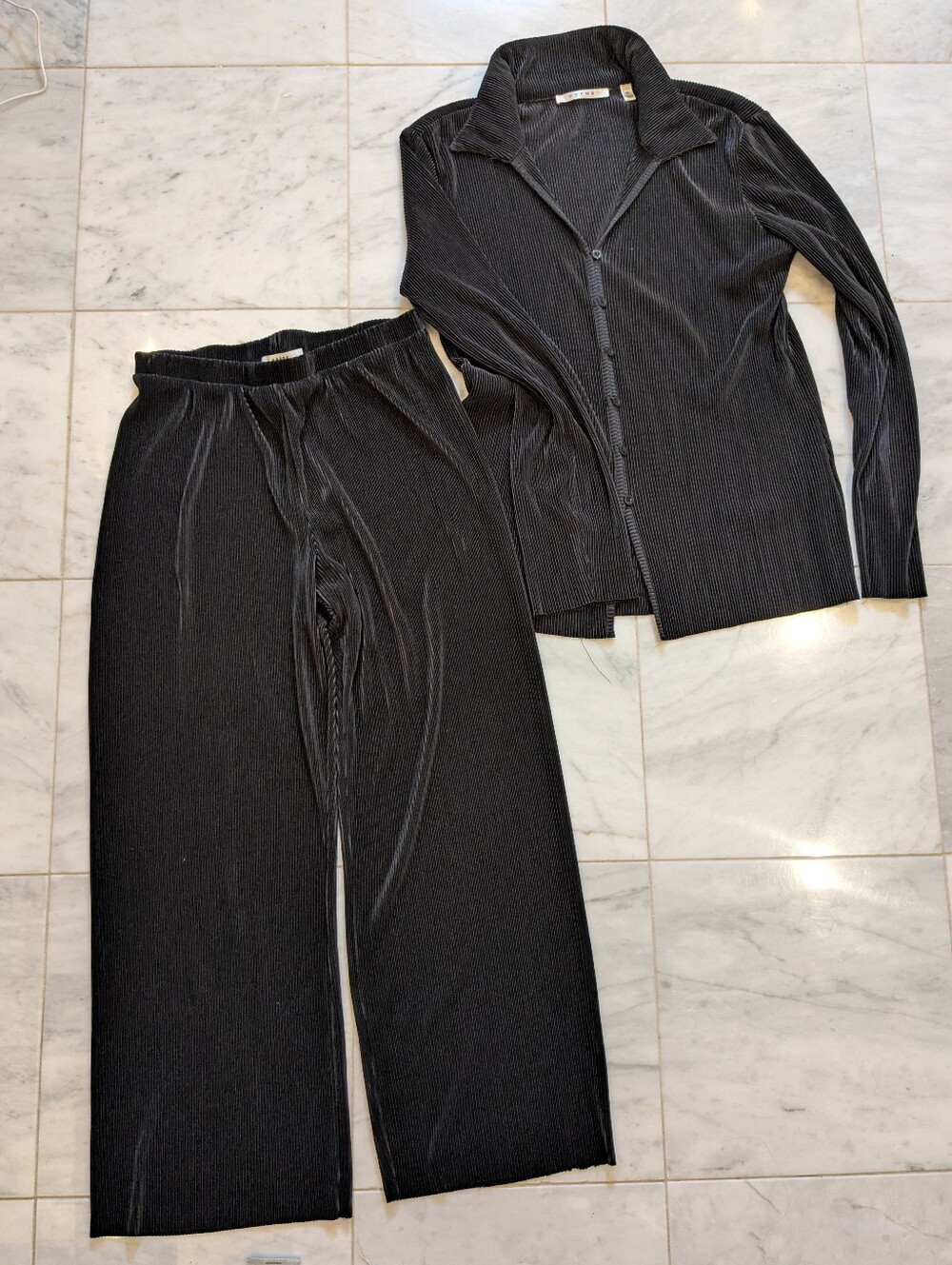 Black Ribbed Button-Up Top and Wide Leg Pants Set